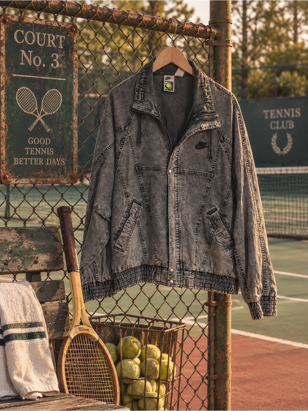 VTG Nike Challenge Court Jean Jacket Men XL Blk Acid Wash Zip Distressed Grunge